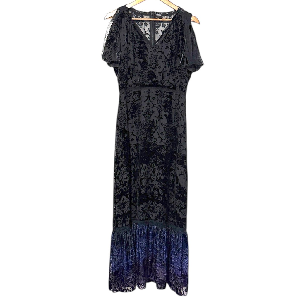 Elie Tahari Velvet Burnout Lace Sleeve Maxi Dress Lined Silk-Blend 4 Whimsigoth